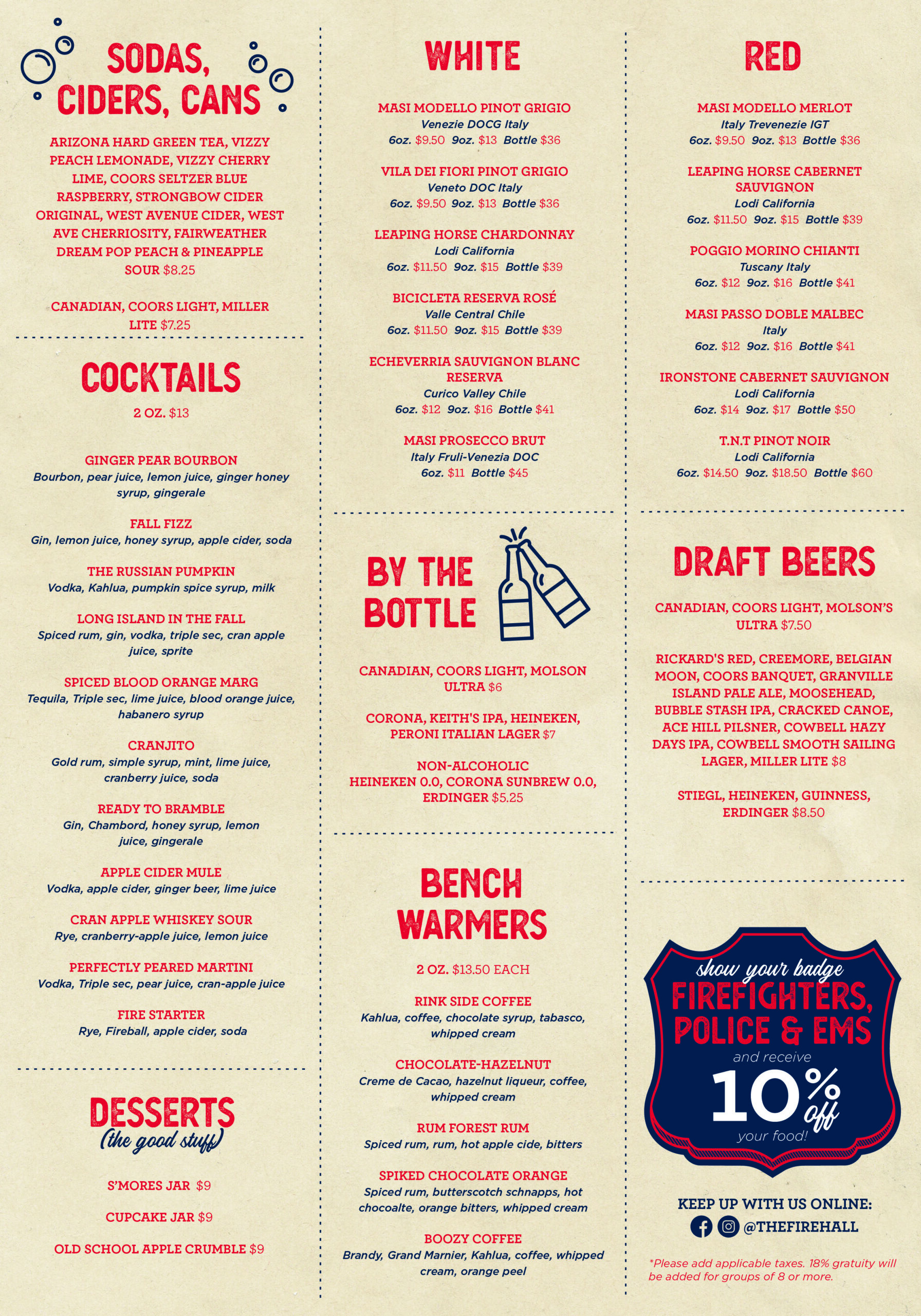 the firehall drinks menu Bronte Oakville sports bar